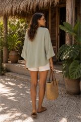 Bağlamalı Müslin Kimono Gömlek -Lila Yeşil - 38
