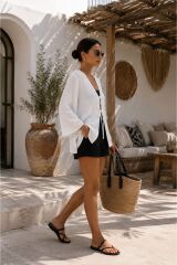 Bağlamalı Müslin Kimono Gömlek -Lila Beyaz - 36