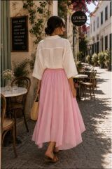 – Beli Lastikli Pembe Pudra Uzun Dokuma Etek Pembe - M