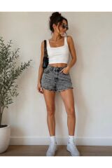 –Püsküllü Siyah Denim Şort Siyah - 42