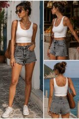 –Püsküllü Siyah Denim Şort Siyah - 38