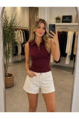 Fermuarlı Polo Yaka Bluz -Bordo Bordo - L