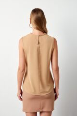 Degaje Yaka Kolsuz Bluz - Bordo Camel - 36