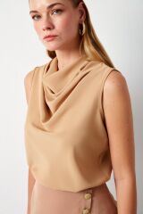 Degaje Yaka Kolsuz Bluz - Bordo Camel - 36