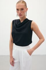 Degaje Yaka Saten Bluz - Siyah Siyah - 38