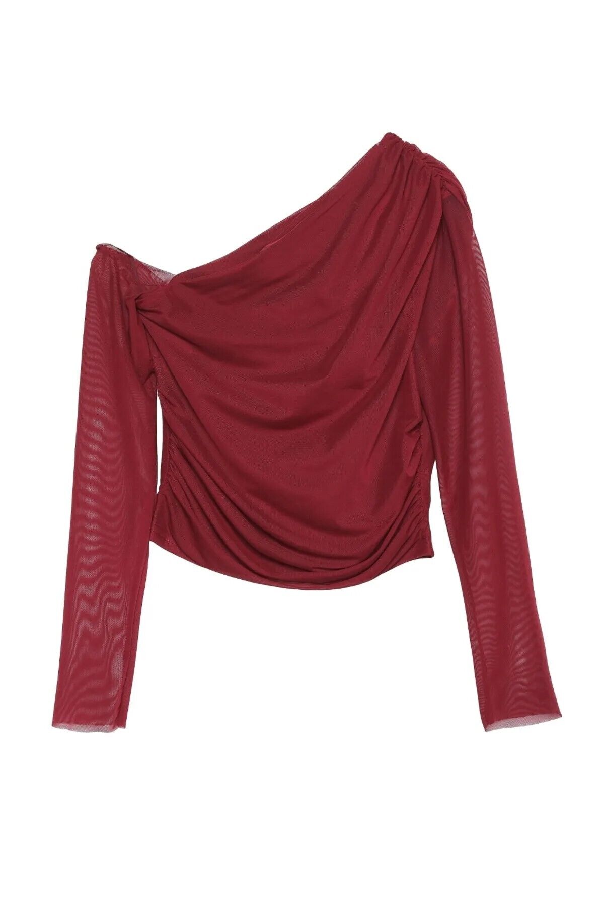 Düşük Omuz Detaylı Tül Bluz Bordo - S