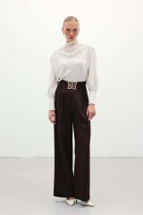 Bel Aksesuarlı Bol Paça Pantolon - Kahve Kahve - 42