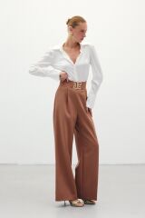 Bel Aksesuarlı Bol Paça Pantolon - Kahve Camel - 36