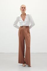 Bel Aksesuarlı Bol Paça Pantolon - Kahve Camel - 36