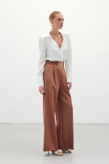 Bel Aksesuarlı Bol Paça Pantolon - Kahve Camel - 36