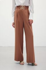 Bel Aksesuarlı Bol Paça Pantolon - Kahve Camel - 36
