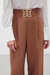 Bel Aksesuarlı Bol Paça Pantolon - Kahve Camel - 38