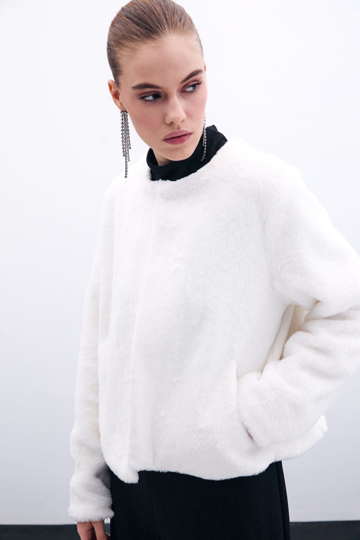 Yakasız Peluş Ceket - Ekru Ekru - 40