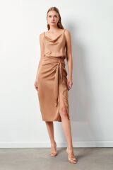 Yırtmaçlı Saten Etek - Siyah Camel - 40