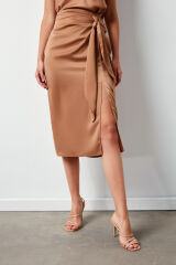 Yırtmaçlı Saten Etek - Siyah Camel - 42