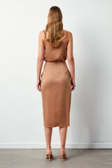 Yırtmaçlı Saten Etek - Siyah Camel - 42