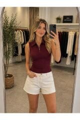 Fermuarlı Polo Yaka Bluz -Bordo